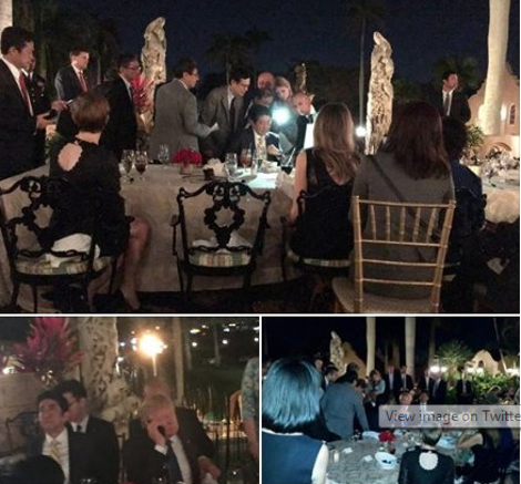 El usuario de Facebook, Richard DeAgazio publicó imágenes de Trump en un corrillo junto a asesores y el primer ministro Abe, y atendiendo llamadas.