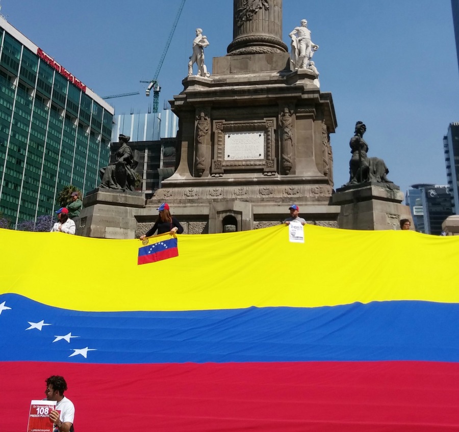 Cerca de veinte venezolanos desplegaron una bandera gigante de su país en la escalinata norte de la Columna de la Independencia