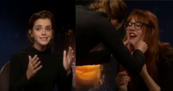 Emma Watson interrumpe entrevista para limpiar cara de reportera.