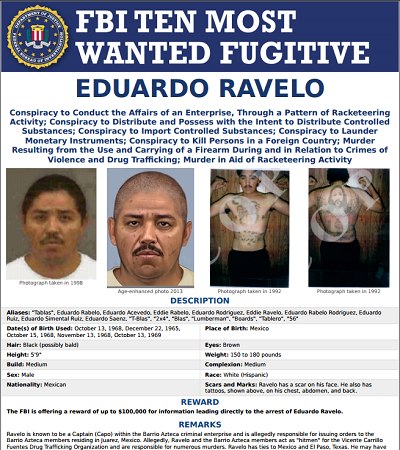 El FBI anuncia una recompensa de 100 mil dólares por la captura de Eduardo ‘El Tablas’ Ravelo.