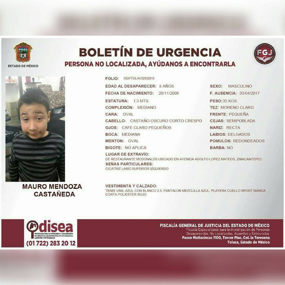 La Fiscalía estatal emitió un boletín de urgencia para localizar Mauro Mendoza Castañeda, quien fue sustraído del establecimiento en avenida Adolfo Ló