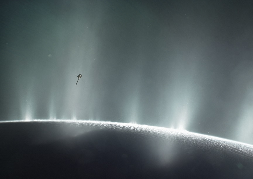 Una ilustración de la sonda Cassini entrando a un géyser en Encélado. 