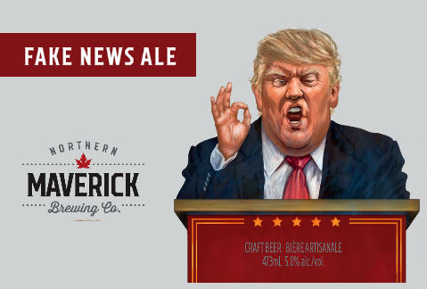 La cerveza está adornada con una caricatura de Donald Trump. 