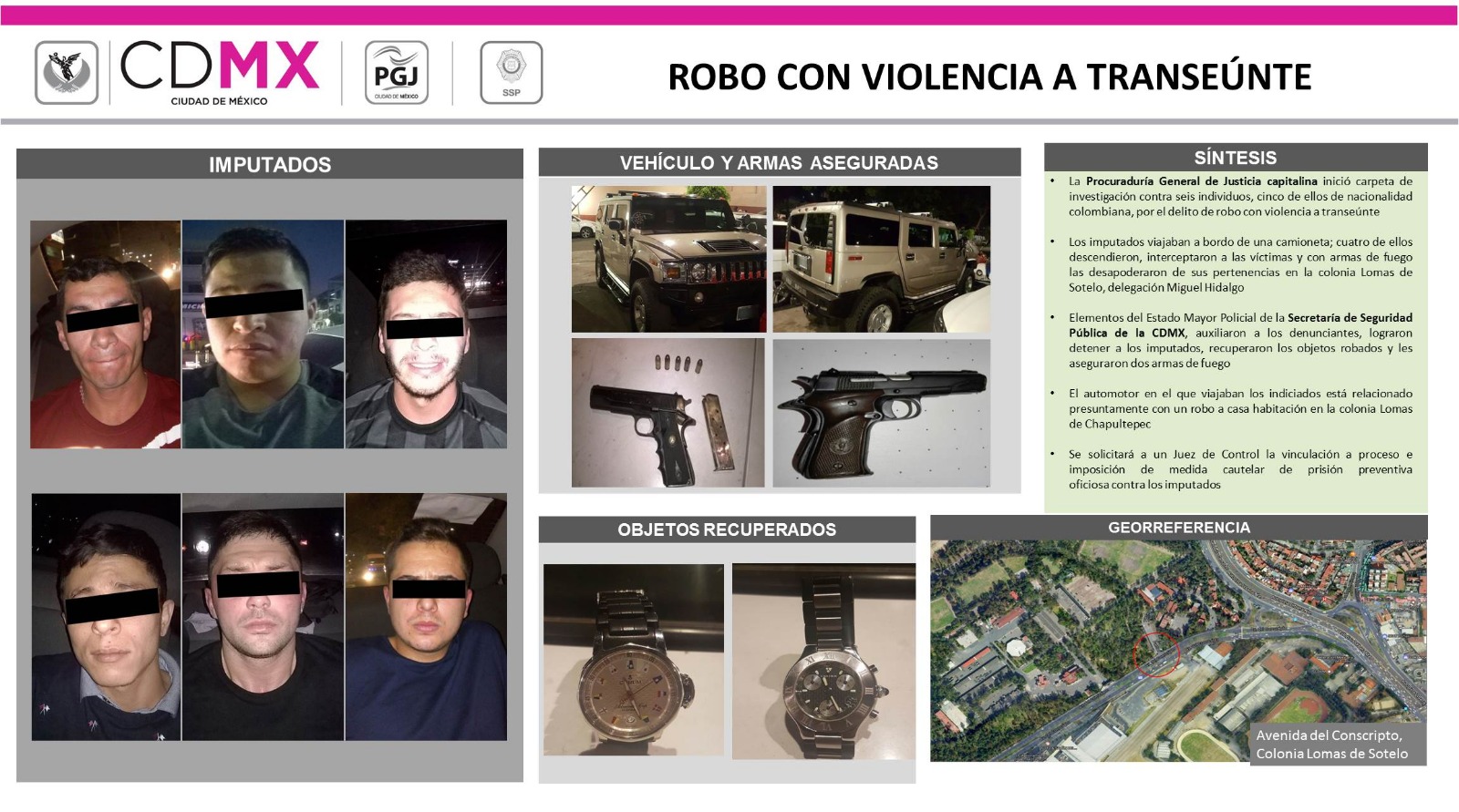 Los sospechosos llevaban dos mil 500 pesos, dos relojes y algunas joyas producto del asalto, así como dos armas de fuego: una calibre 45 y otra calibr