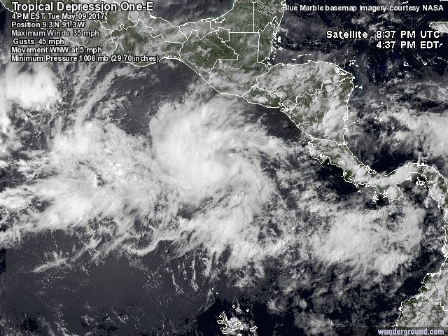 Imagen satelital de la depresión tropical 1-E, que se formó en el Pacífico.