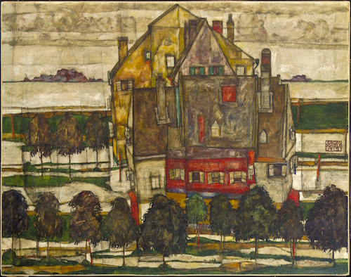"Casas con montaña" —Einzelne Häuser (Häuser mit Bergen)— (1915), de Egon Schiele.