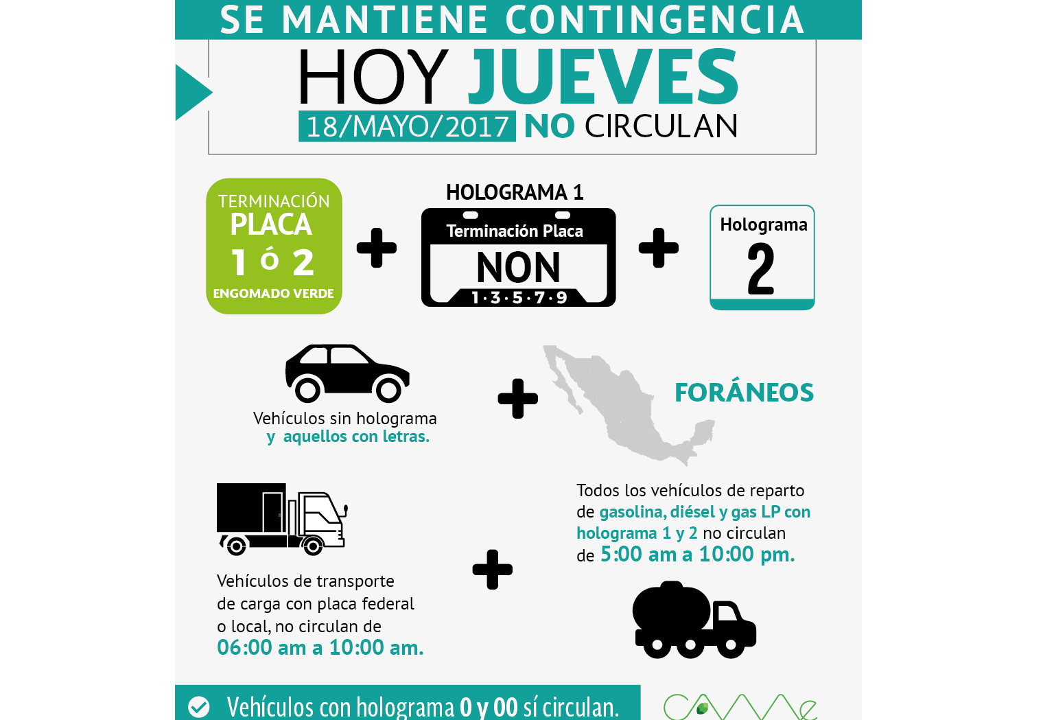 Todos los vehículos con holograma de verificación 2 deberán suspender su circulación de las 5:00 a las 22:00 horas.