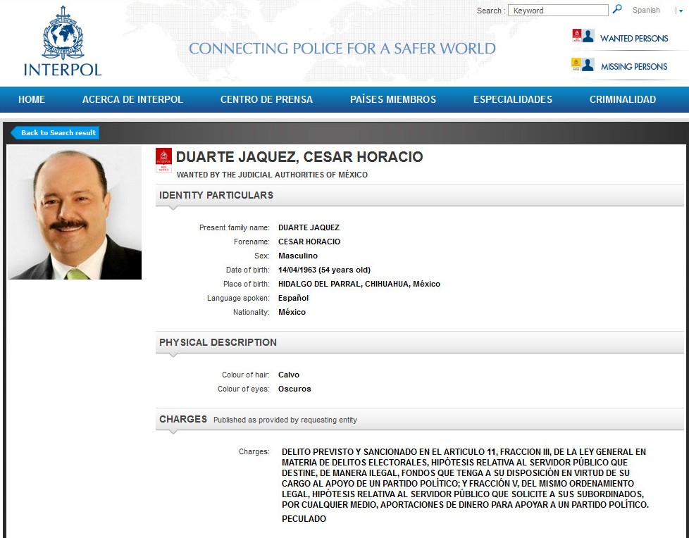 Esta es la nueva ficha roja de César Duarte, la cual incluye que es buscado por peculado electoral.