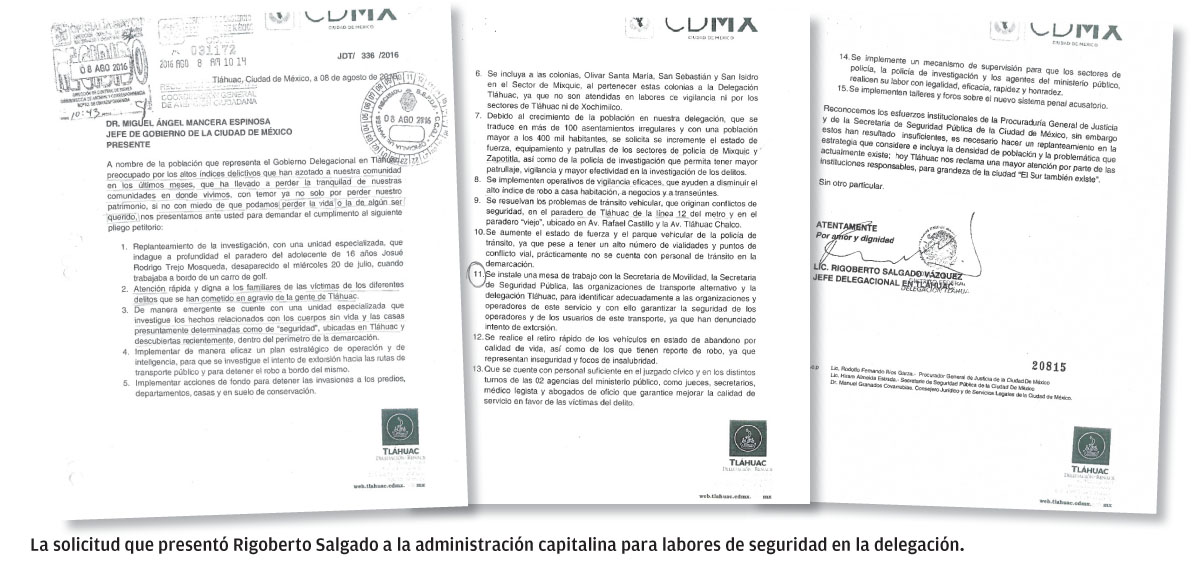 La solicitud que presentó Rigoberto Salgado a la administración capitalina para labores de seguridad en la delegación.
