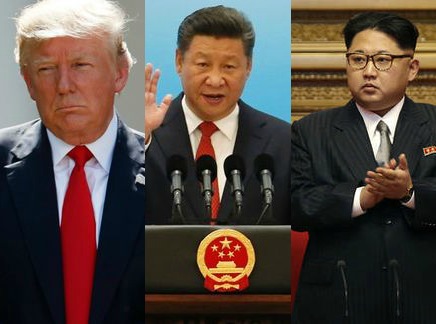 El presidente de EU, Donald Trump; el líder chino, Xi Ping; y su homólogo norcoreano, Kim Jong-un.