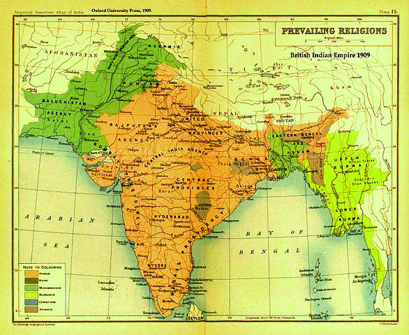 Mapa de religiones en la India Británica en 1909; naranja representa a hinduistas, verde oscuro a musulmanes.