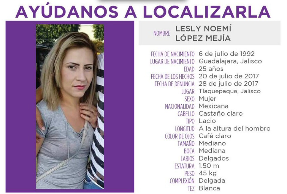 Lesly Noemí López Mejía, de 25 años, desapareció el mes pasado en Tlaquepaque. 