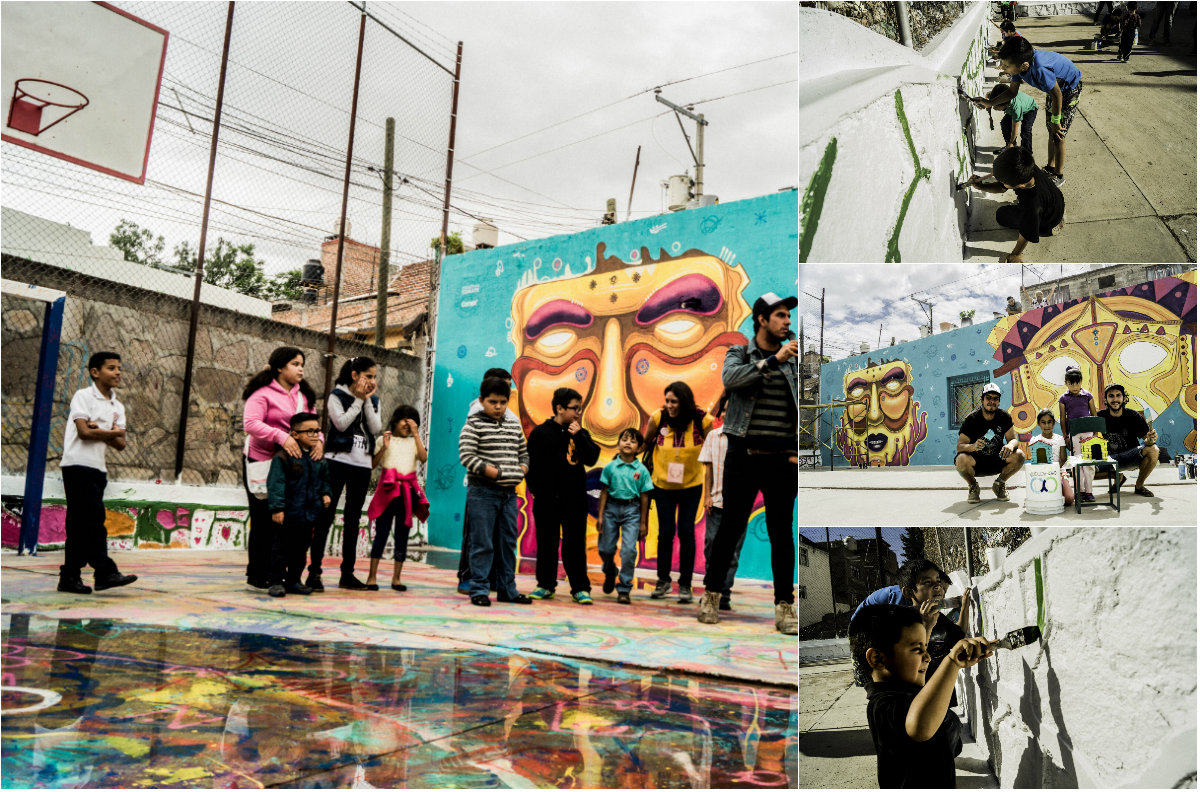 Niños de Zacatecas pintan murales en cancha de futbol abandonada