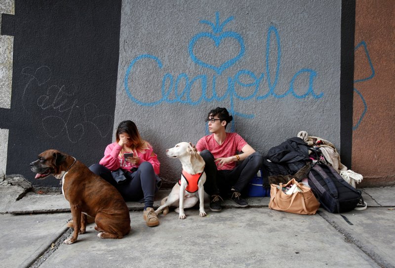 Dos perros y sus dueños permanecen sentados junto a algunas pertenencias tras el sismo.