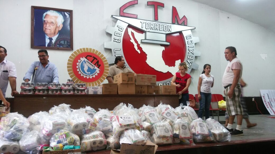 53 sindicatos adheridos a la CTM, aportaron alimentos no perecederos, agua embotellada, papel, botiquines, entre otros productos.