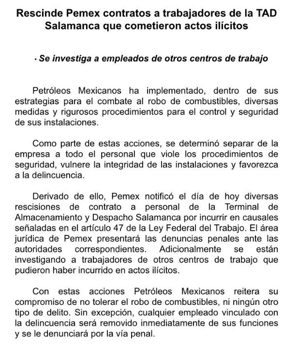 Pemex a través de su cuenta de Twitter emitió un comunicado, sobre el personal que está involucrado en el robo de combustible. 