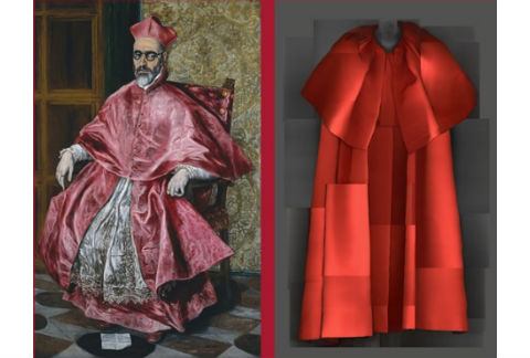 A la izquierda, un retrato del Cardenal Fernando Niño de Guevara hecho por el Greco y a la derecha un abrigo hecho por Cristóbal Balenciaga en 1954. 
