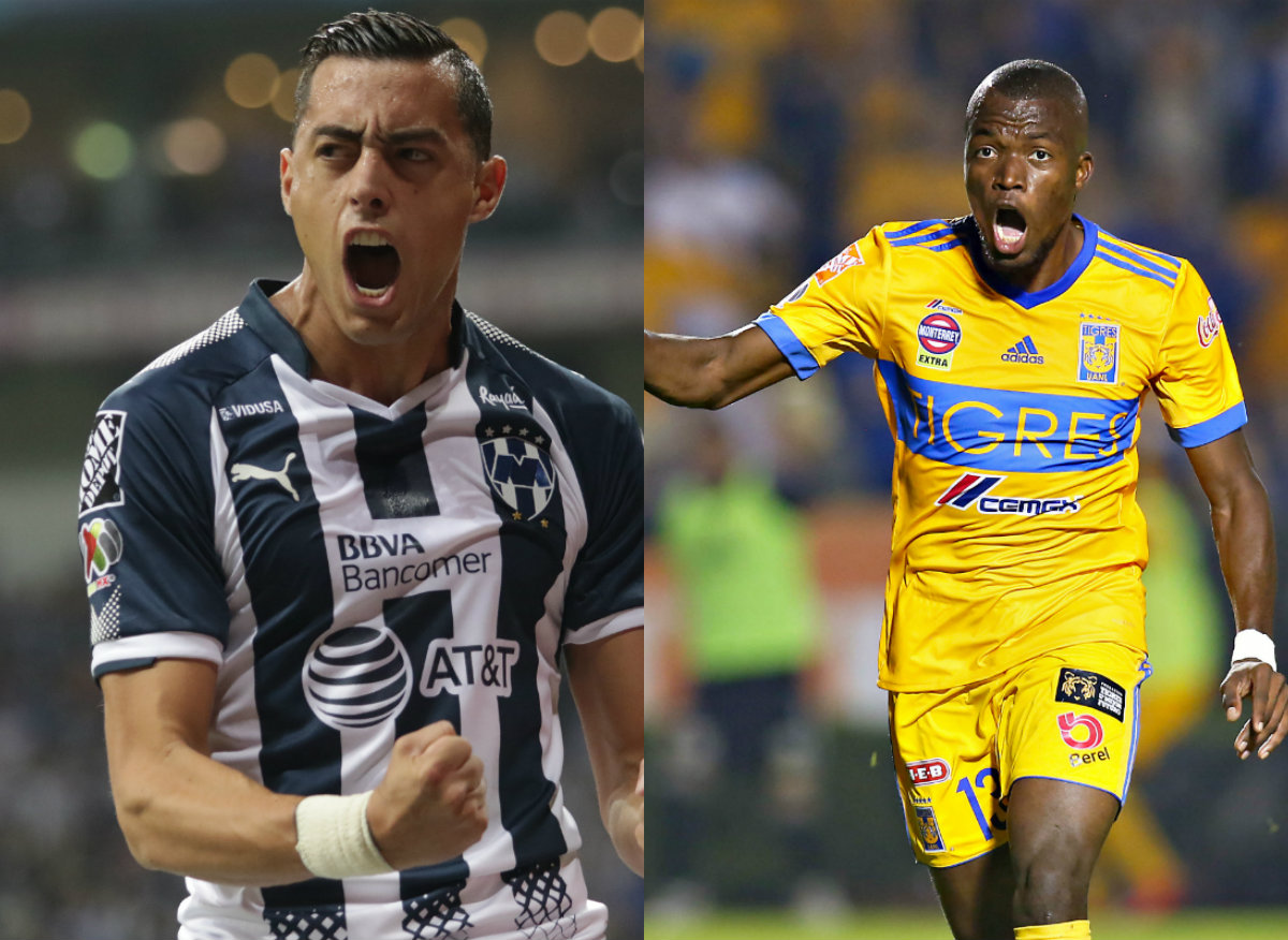 Jugadores de Monterrey y Tigres en festejo de gol 
