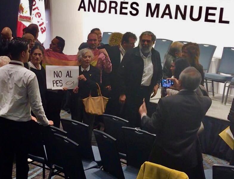 La escritora protestó contra la coalición entre Encuentro Social y Morena.