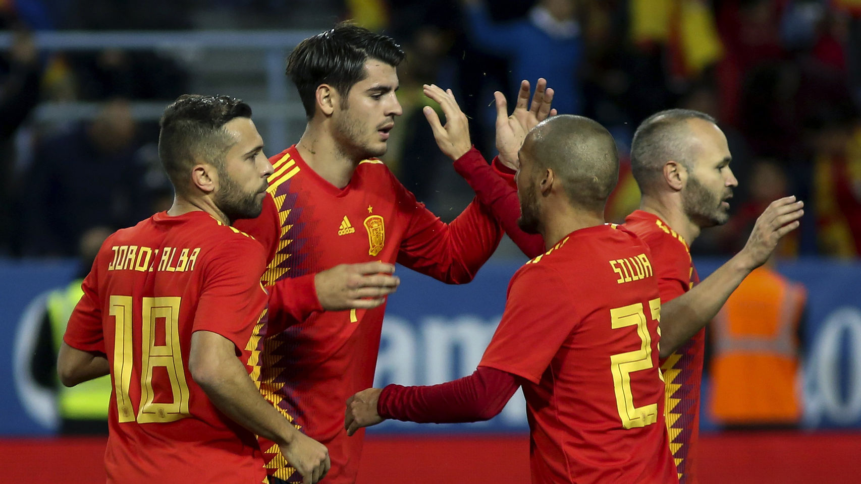 Alba, Morata,Silva e Iniesta durante un partido con la selección española
