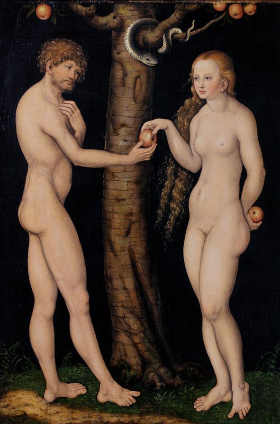 Adán, Eva, la serpiente y la manzana en un pintura de Lucas Cranach.