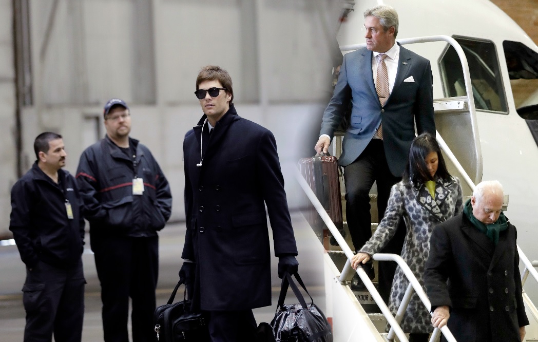 En la foto, Tom Brady, mariscal de campo de los Patriotas de Nueva Inglaterra, a su llegada a Minneapolis; del otro lado, Doug Peterson (arriba) y Jef
