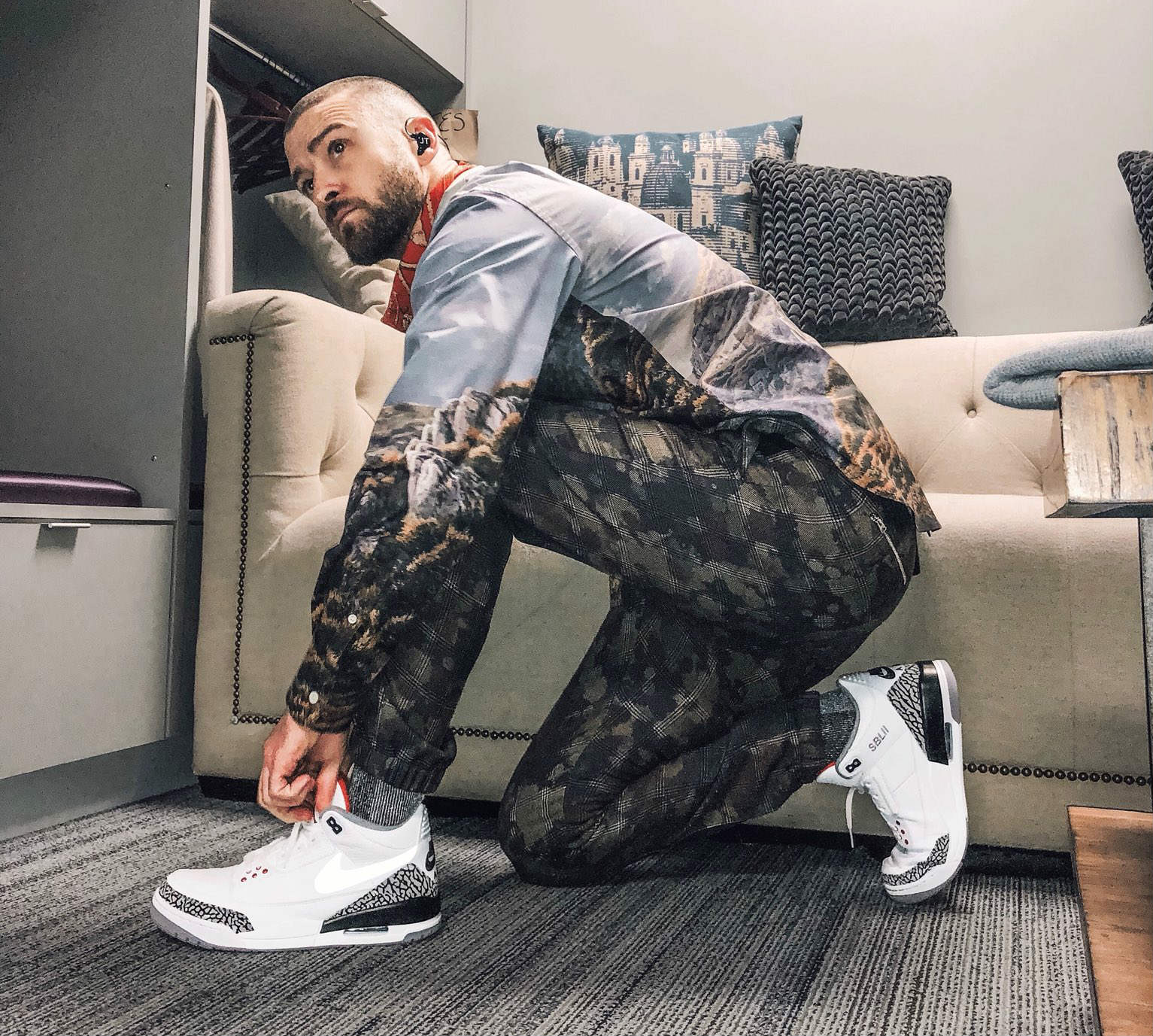 Justin Timberlake minutos antes de presentarse en el show de medio tiempo del Super Bowl 2018.