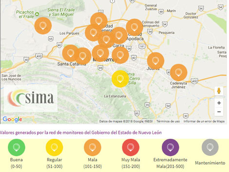 El SIMA registra mala calidad del aire en 12 de 13 estaciones del área metropolitana de Monterrey, en este día 7 de febrero.