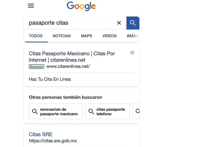Al buscar citas aparece en primer lugar la página fraudulenta.