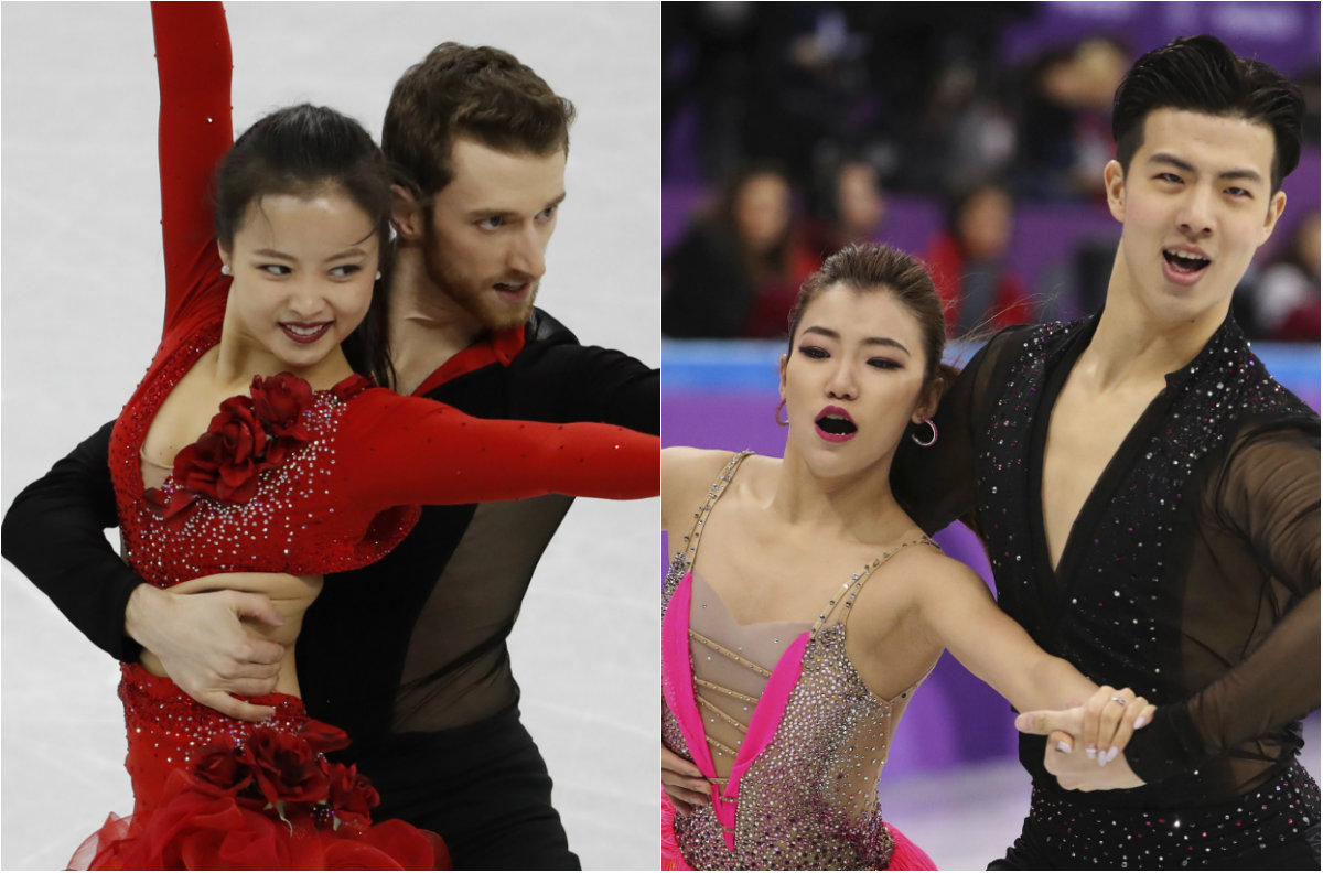 Patinadores Yura Min y Alexander Gamelin de Corea del Sur y Shiyue Wang y Xinyu Liu de China