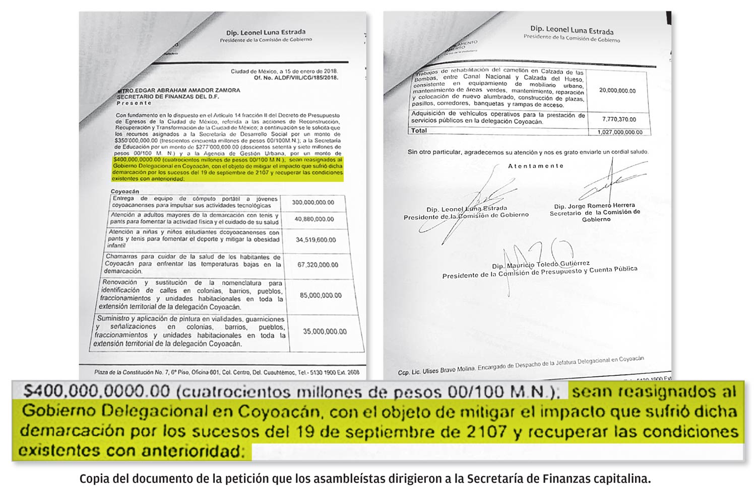 Copia del documento de la petición que los asambleístas dirigieron a la Secretaría de Finanzas capitalina.