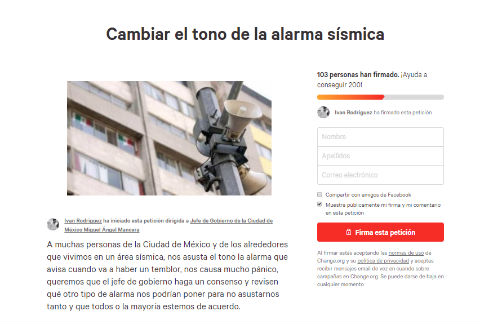 Una de las peticiones en Change.org para cambiar la alerta sísmica. 
