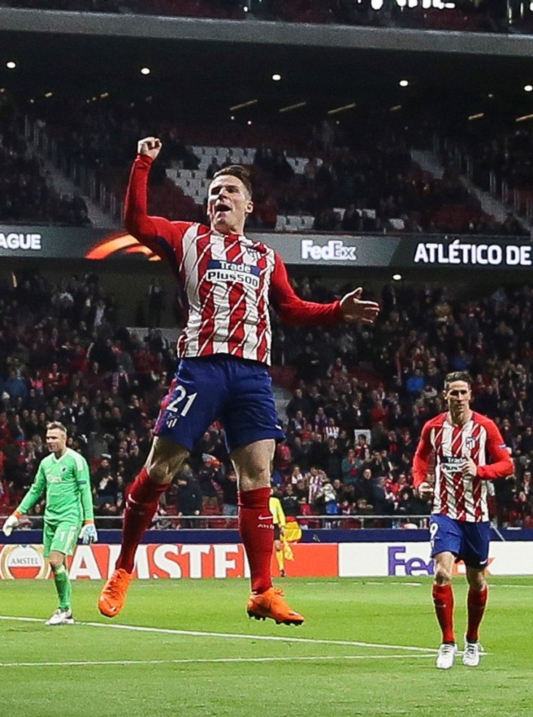 El delantero francés del Atlético de Madrid Kevin Gameiro en festejo de gol 