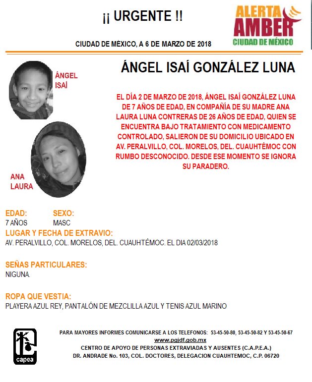 Esta es la ficha de búsqueda de Ángel Isaí González Luna, de 7 años.