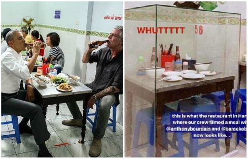 La mesa en donde Obama y Bourdain se sentaron a comer en Vietnam. 