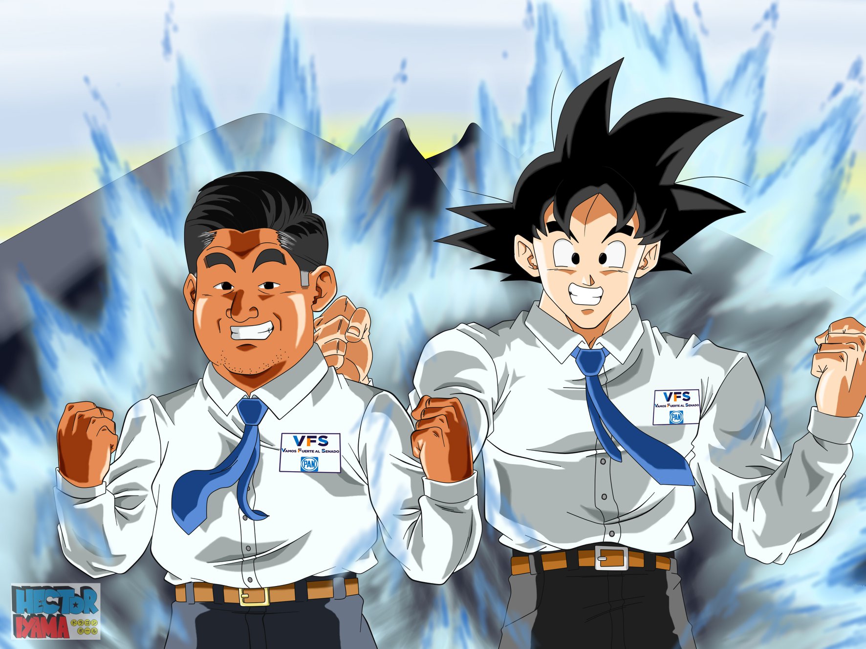 Víctor Fuentes Solís aparece junto a Goku en la caricatura que publicó en Facebook.