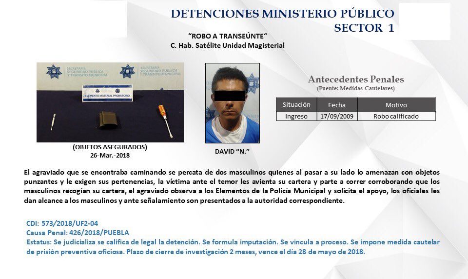 Conforme a lo estipulado en el Sistema de Justicia Penal Acusatorio, David “N.” y el menor fueron puestos a disposición de las autoridades correspondi