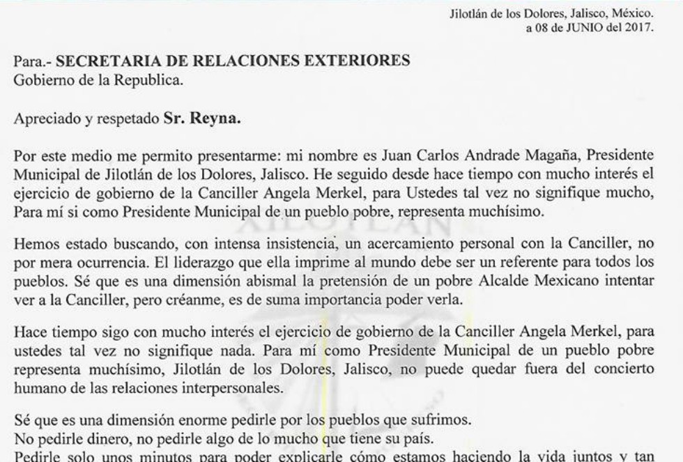 Parte de la carta con la que Andrade Magaña solicitó a Relaciones Exteriores la oportunidad de reunirse con Angela Merkel.