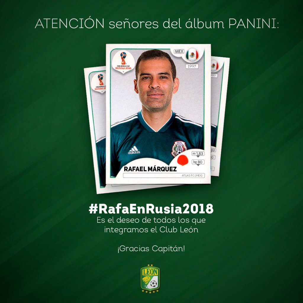 Panini sacaría estampa mundialista de 'Rafa' Márquez (Twitter @clubleonfc)