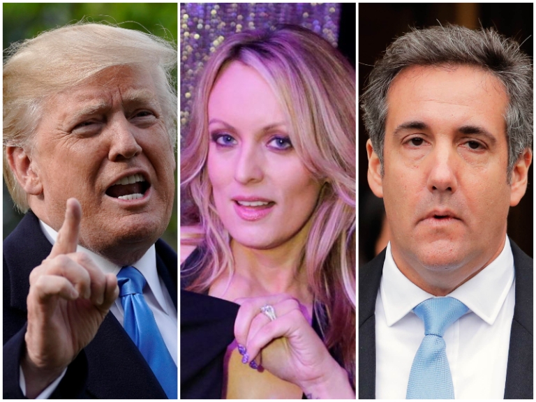 El presidente Donald Trump, la actriz Stormy Daniels y el abogado Michael Cohen.