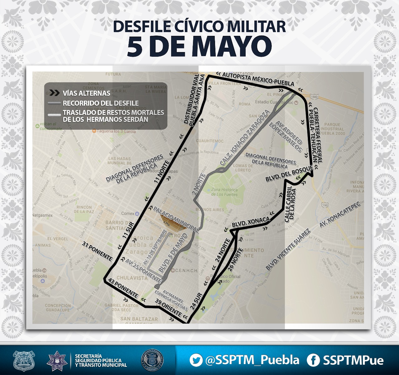 Previo, durante y posterior al desfile Cívico - Militar del 5 de Mayo, se mantendrán cortes a la circulación en la ciudad de Puebla. (Especial)