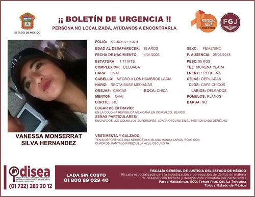 Un aviso de una adolescente reportada como desaparecida en Edomex. (Especial)
