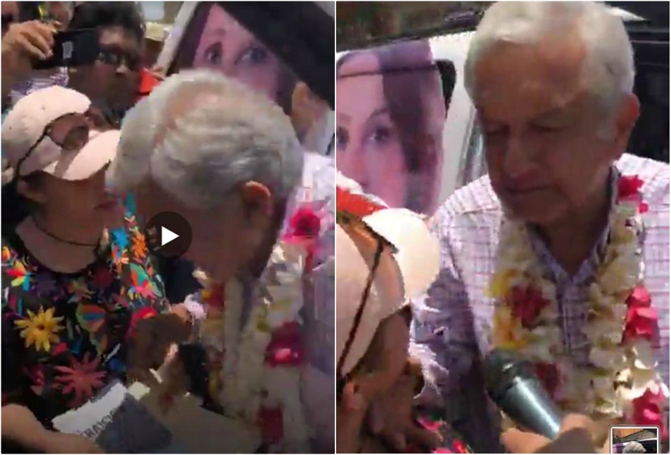 Eva Cadena entregó un libro a AMLO en Veracruz (Facebook Eva Cadena).
