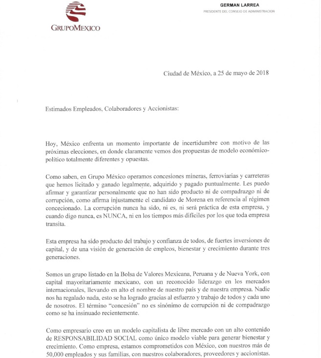 Carta enviada por Germán Larrea, presidente ejecutivo y del Consejo de Administración de Grupo México, a sus colaboradores.