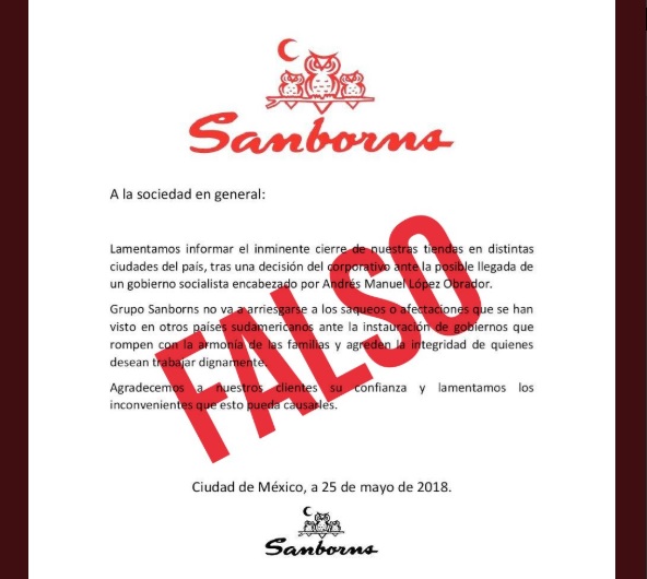 Sanborns desmiente que vaya a cerrar por posible triunfo de AMLO. (Foto: @solosanborns)