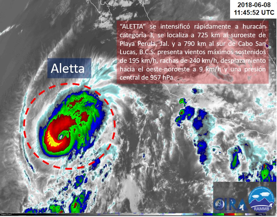 'Aletta' se convirtió en huracán categoría 3 (Tomada de @conagua_clima)