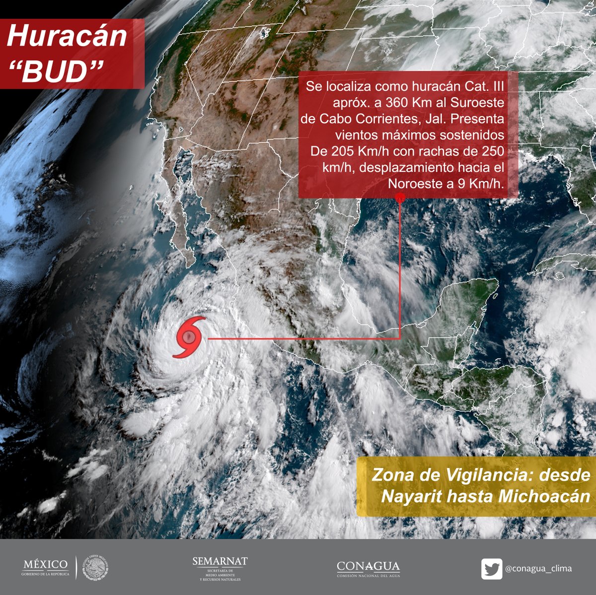 'Bud' se debilitó a huracán categoría 3. (Tomada de @conagua_clima)