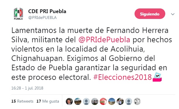 El Comité Directivo Estatal (CDE) del PRI confirmó el fallecimiento de un militante en Chignahuapan tras un impacto de bala (Especial)