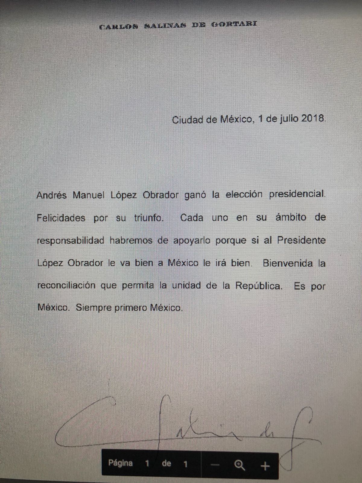 En una carta, Salinas felicitó el triunfo de AMLO.