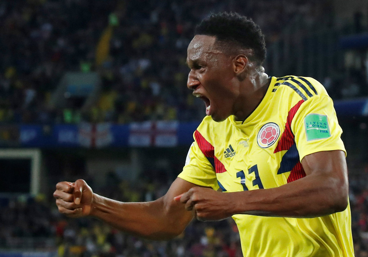 La celebración de Yerry Mina tras anotar el gol del empate (Reuters)
